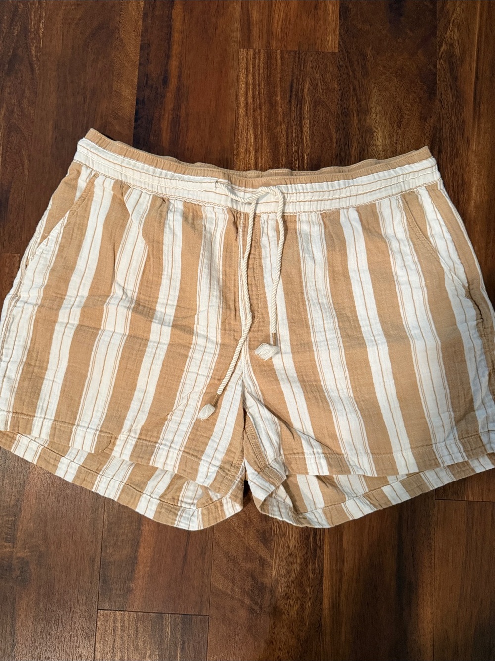 Old Navy Tan & White Striped Drawstring Shorts